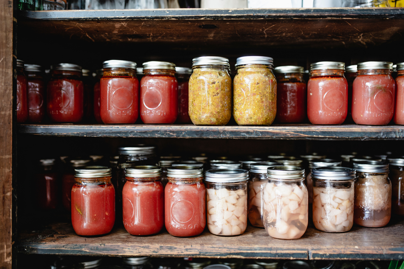 Home canning Fruit and Vegetable  in storage shelves